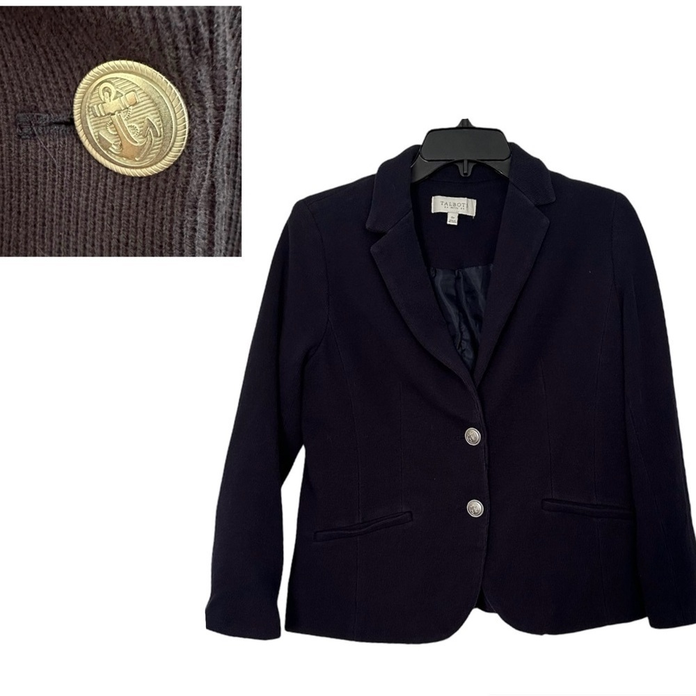 Talbots Jacket Navy Knit Nautical Buttons Long Sleeve Back Vent Lined Size 8P